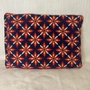 Vintage Needlepoint Cushion Pillow Geometric Navy Blue Red Foam Insert Handmade